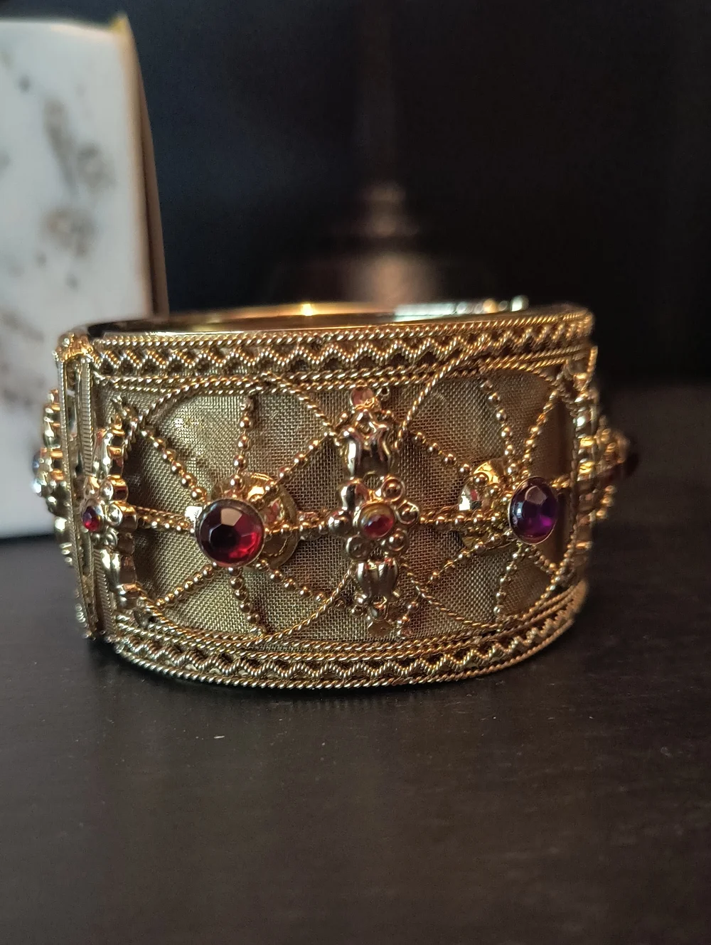 Vinatge Gold Filigree Cuff Bracelet with Red and Purple Gem Accents